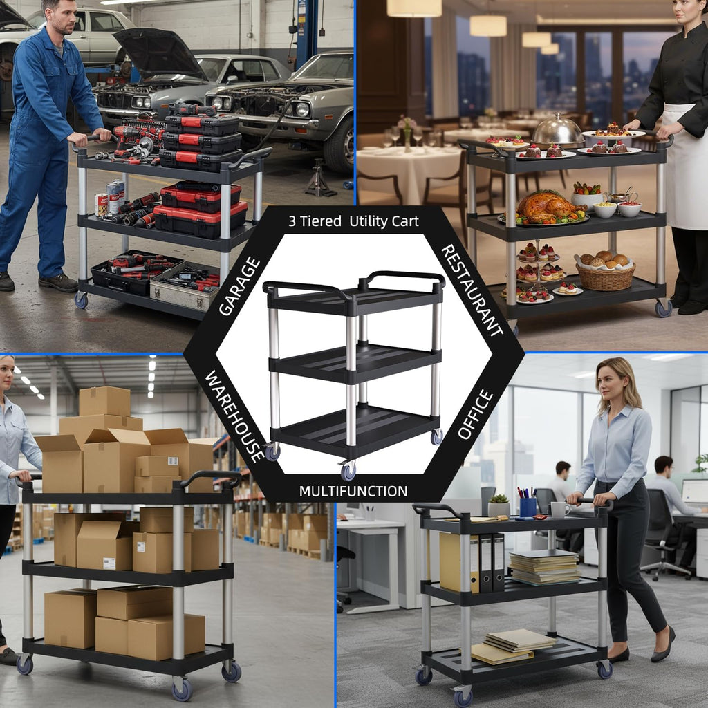 Plastic Utility Cart with Anti-Tangle Wheels, Solid Armrests, 450 Lbs Heavy Duty Capacity, 3-Tier Rolling Serving Cart for Home, Office, Restaurant, Warehouse.40 × 19.7" × 38"