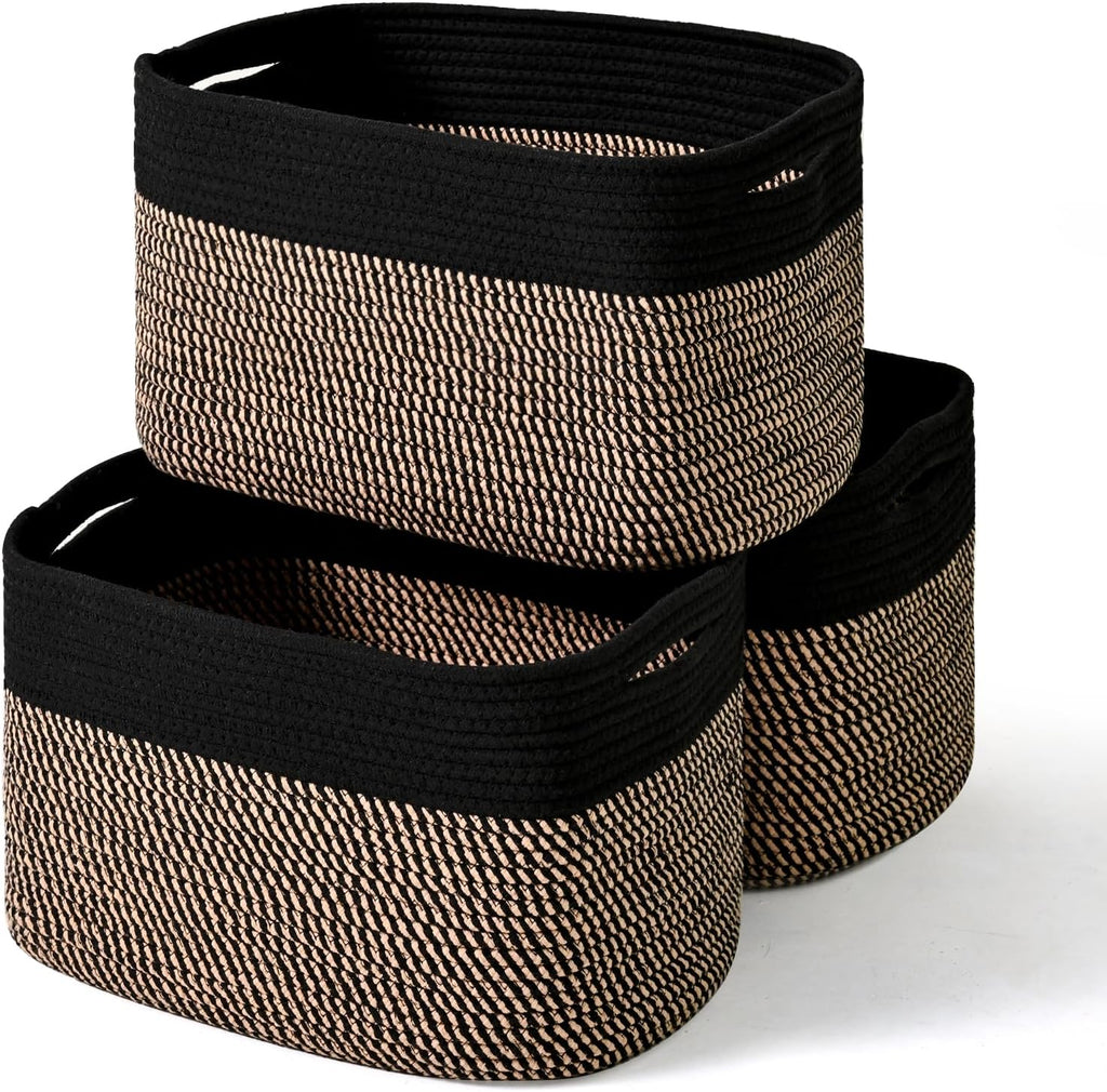 Storage Baskets for Organizing Shelves, Toy Basket for Kid's Room, Woven Cotton Rope Basket for Decor, Organizing Baskets for Bedroom Living Room, 15"x11"x9.5", 3 Packs, Black & Jute