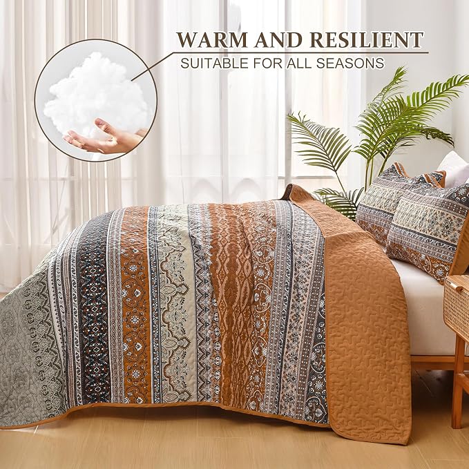 WONGS BEDDING Boho Queen Quilt Set, Fall Lightweight Bed Decor Bedspread - Image 4