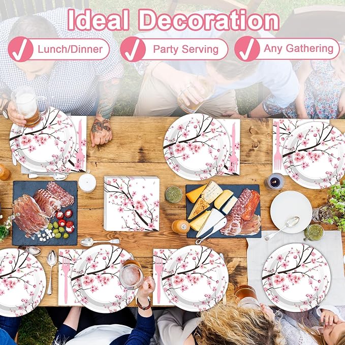 Qyeahkj 100 PCS Cherry Blossom Party Supplies Set Cherry Blossom Plates and - Image 6