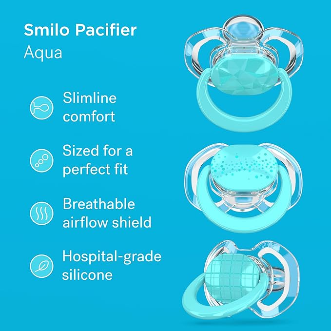 Smilo Baby Pacifier with Orthodontic Design for Healthy Dental Development - Stage 1 for Babies 0-3 Months - Pack of 3X 100% Silicone Newborn Pacifiers BPA Free - Aqua Blue