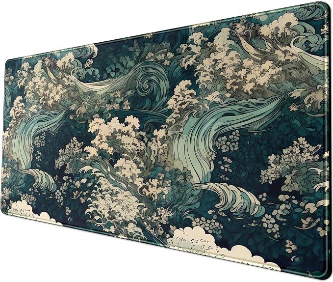 Japanese Large Mouse Pad Gaming Sea Wave Desk Pad Blue Sea Flower Art by YKJWW