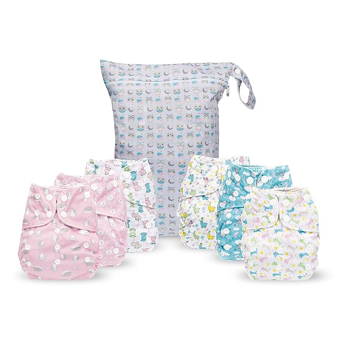Simple Being Reusable Cloth Diapers, Double Gusset, One Size Adjustable, Washable Soft Absorbent, Waterproof Cover, Eco-Friendly Unisex Baby Girl Boy, six 4-Layers Microfiber Inserts (Girl Animals)