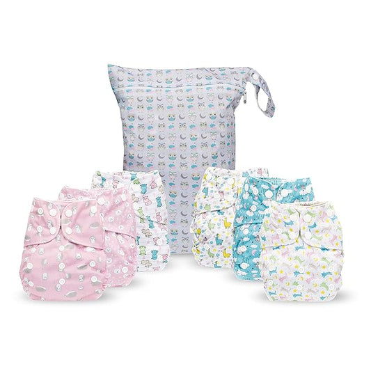 Simple Being Reusable Cloth Diapers, Double Gusset, One Size Adjustable, Washable Soft Absorbent, Waterproof Cover, Eco-Friendly Unisex Baby Girl Boy, six 4-Layers Microfiber Inserts (Girl Animals)