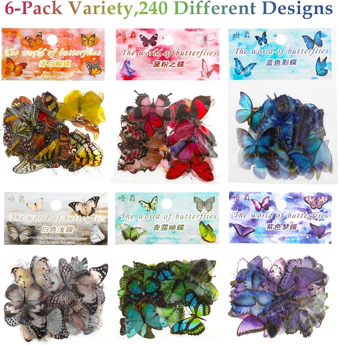 COMNICO 240PCS Butterfly Stickers, PET Waterproof Transparent Colorful Resin - Image 2