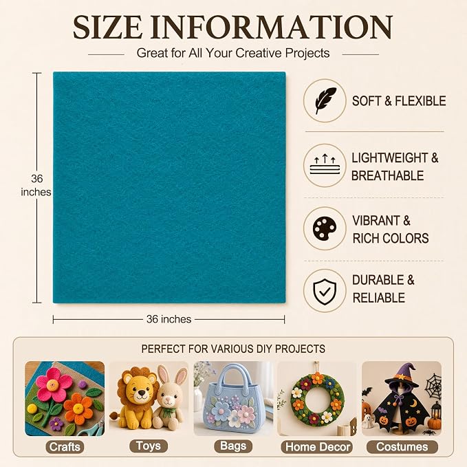 Peacock Blue Large Felt Fabric 36" x 36", 1.4 mm Soft Felt Sheet, Nonwoven - Image 3