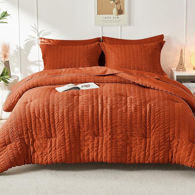 HYMOKEGE Burnt Orange Queen Comforter Set Seersucker 7 Pieces, All Season - Image 8