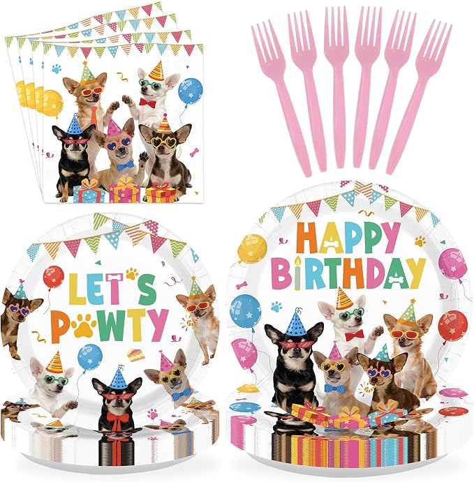 96Pcs Chihuahua Birthday Party Decoration Let's Pawty Plates and Napkins Puppy by Greencian