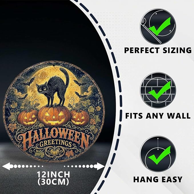 Vintage Black Cat Halloween Metal Tin Sign Round Wall Decor Jack O Lantern - Image 2