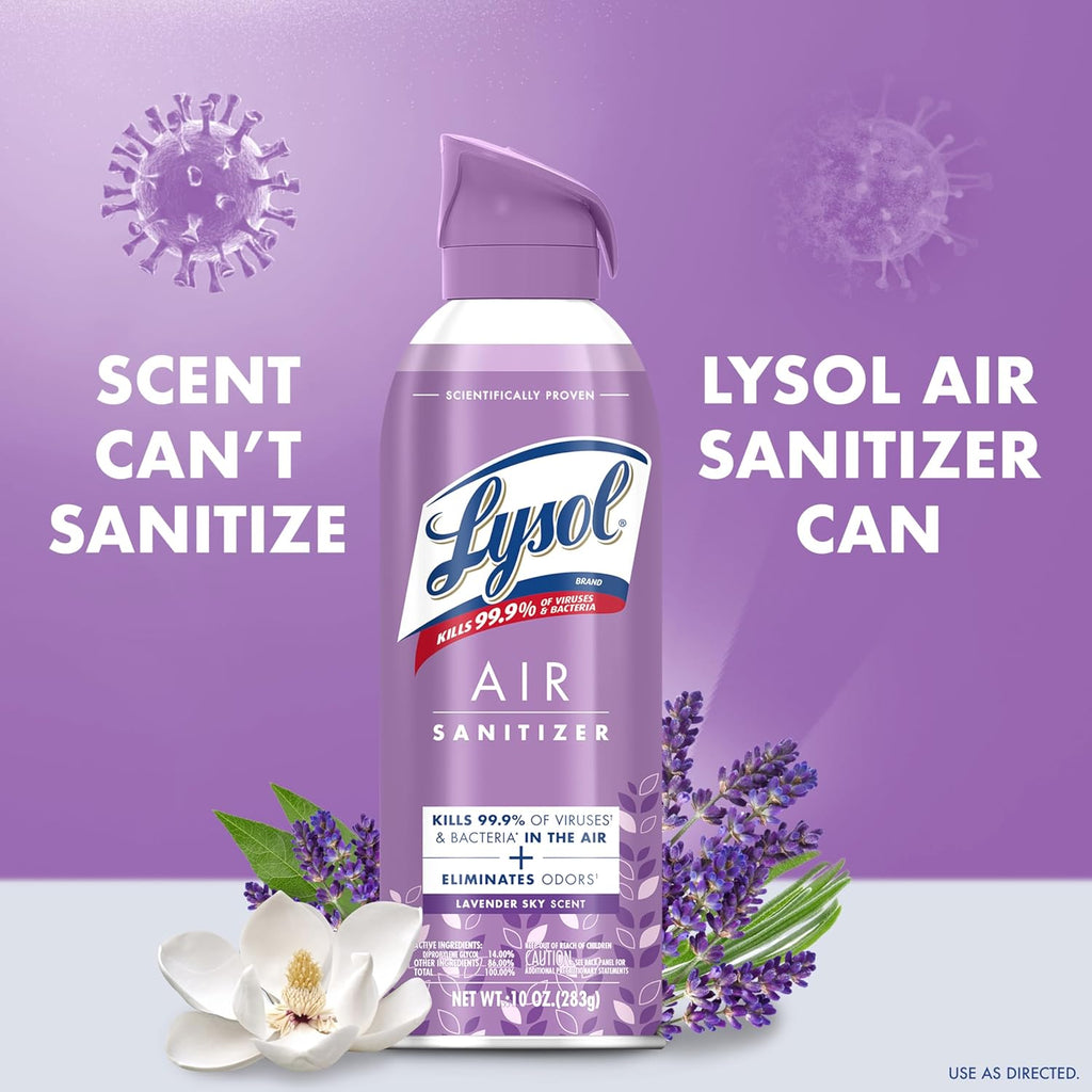 Lysol Air Sanitizer Spray with Odor Eliminator for Home & Office, Sanitizing Spray, Air Freshener Alternative, Lavender Sky Scent, 10 oz (Pack of 3)