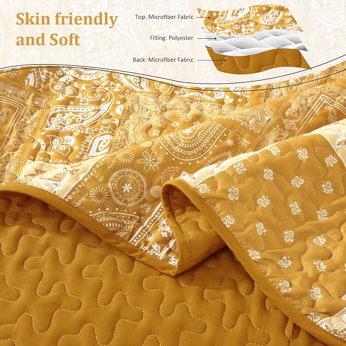 Cottolester Boho Quilt Set Queen Size, 3 Pieces Yellow Patchwork Paisley Quilt - Image 4