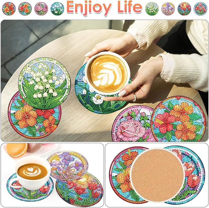 ijbnhd 8 PCS Flowers Diamond Art Coasters | Diamond Painting Coasters Kits - Image 2