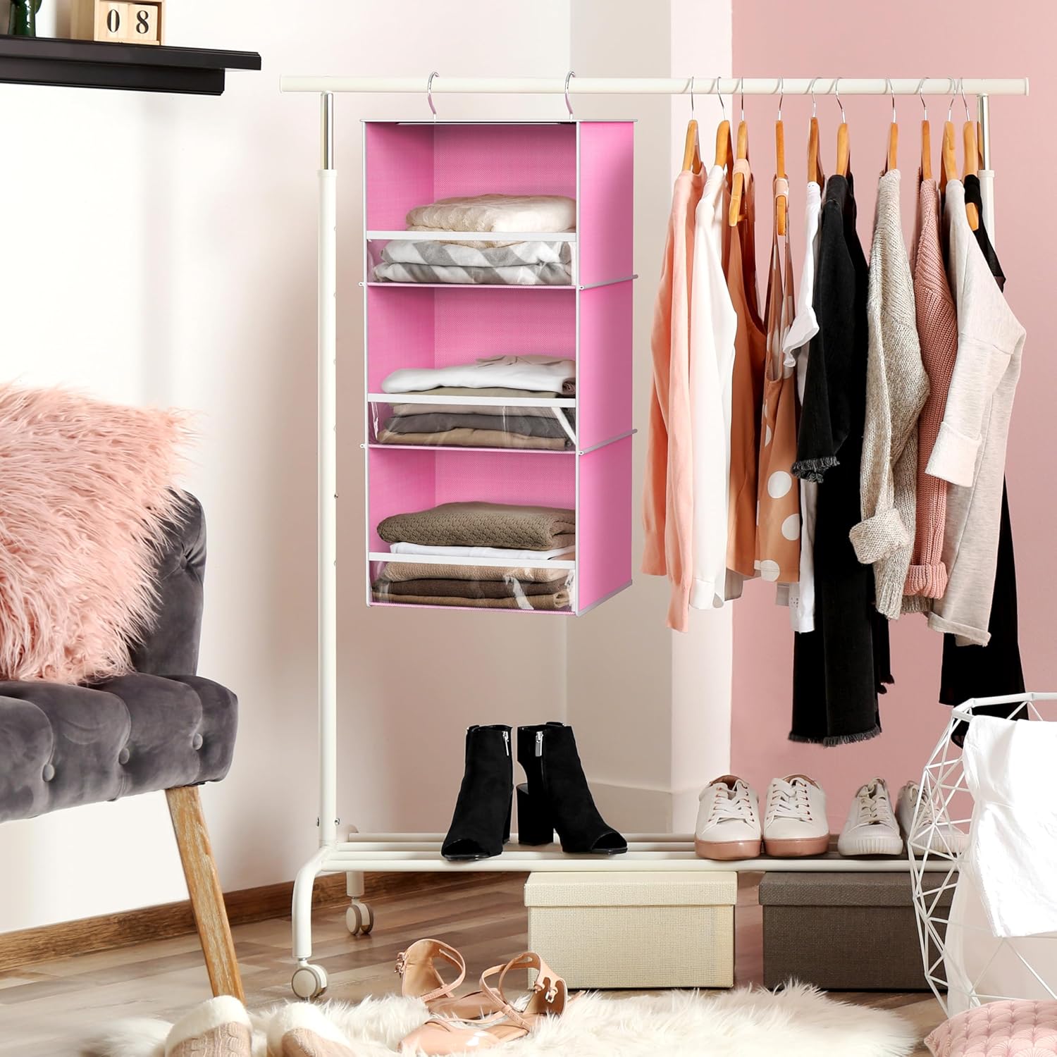 Simple Houseware 3 Shelf Hanging Closet Organizer with Front Stopper, Pink