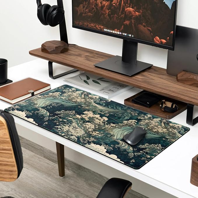Japanese Large Mouse Pad Gaming Sea Wave Desk Pad Blue Sea Flower Art - Image 3