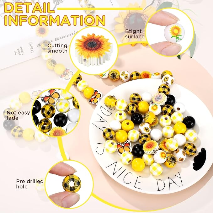 Qunclay 200 Pcs Sunflower Beads Summer Wooden Beads - Image 4