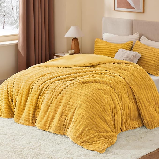 BEDELITE Fleece Full Comforter Set -Super Soft & Warm Fluffy Mustard Yellow - Image 2