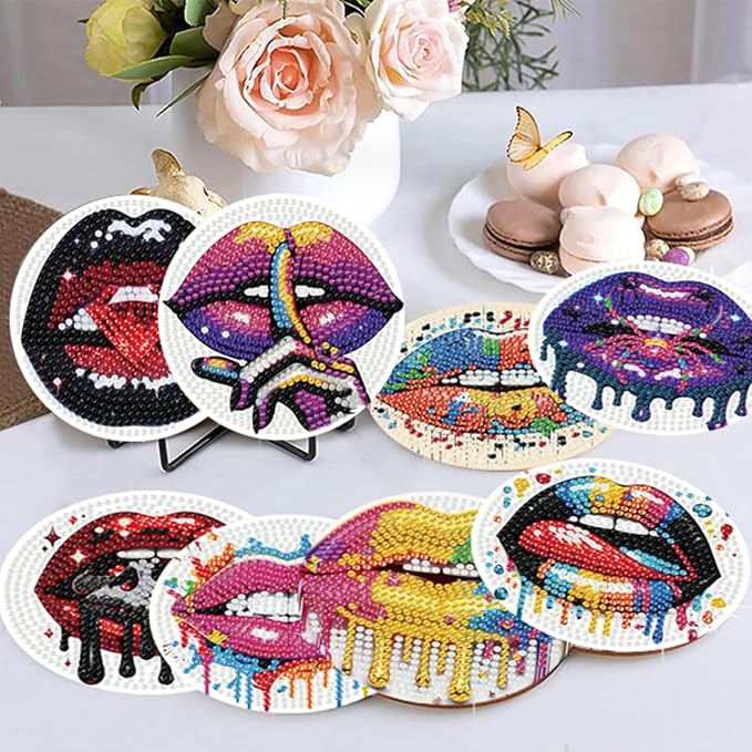 8 Pack Diamond Art Coasters, Sexy lips Diamond Painting Coasters Kits | Lips - Image 5