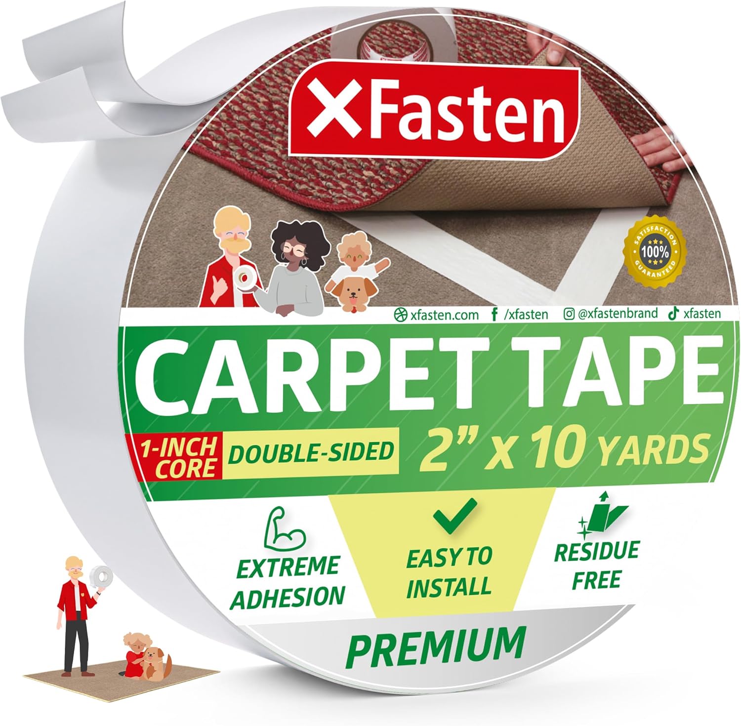 XFasten Double Sided Carpet Tape for Area Rugs, 2 Inch x 10 Yards 1-Inch Core – Heavy Duty Anti Slip Rug Grip Tape, Works as Rug Gripper, Wood Safe, Easy Removal for Hardwood and Laminate Floors