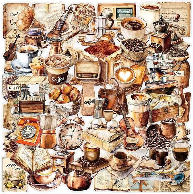 50 PCS Retro Coffee Stickers for Scrapbooking Journaling Junk Journal Scrapbook by Unknown