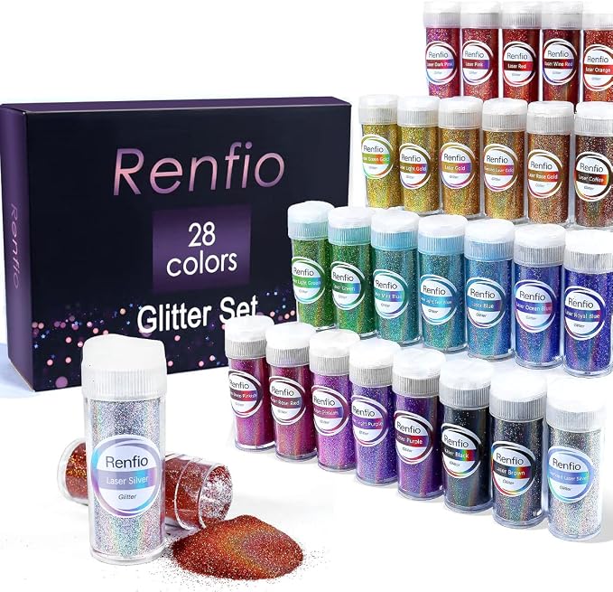 Renfio 28 Colors Holographic Glitter Set, 14.81oz 420g Ultra Fine Glitter by Renfio