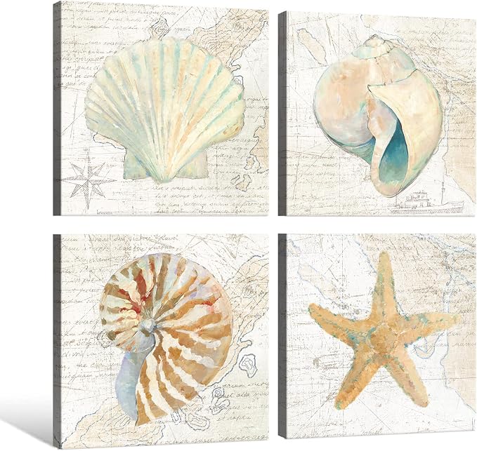 Seashell Bathroom Decor Cream Color Seashell Starfish Canvas Wall Art Nautical - Image 2