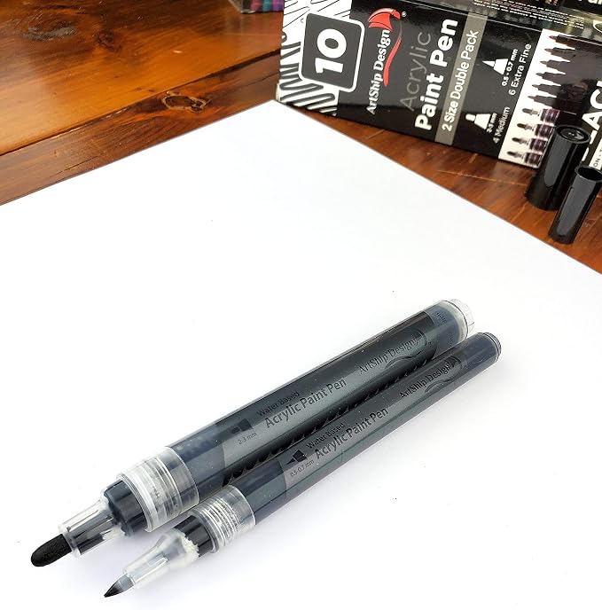 ArtShip Design 10 Black Acrylic Paint Pens, Double Pack of Both Extra Fine and - Image 8