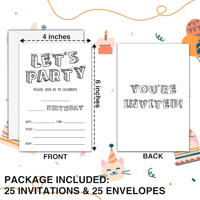 Black and White Birthday Invitations, 25 Double-Sided Invitation Cards - Image 2