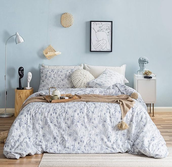 SUSYBAO Blue White Floral Duvet Cover Queen 100% Cotton 3 Pcs Set 1 Garden Navy by SUSYBAO