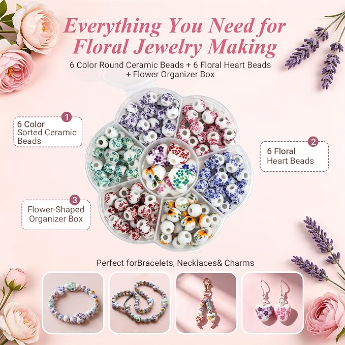 Ceramic Beads, Heart Beads, Round Porcelain Beads 8 mm Multicolor Flower - Image 2