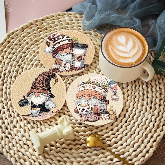 Clendo 8 Pcs Coffee Gnome Diamond Art Coasters Kit - Image 6