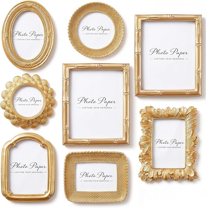 8 Pcs Gold Picture Frames Set for Gallery Wall, 5x7 & 4x6, Modern Ornate by Lineshading