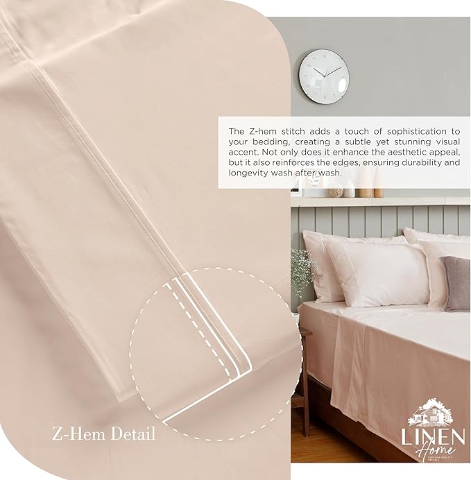 Linen Home 100% Cotton Percale Sheets Queen Size, Sand Shell, Deep Pocket - Image 3
