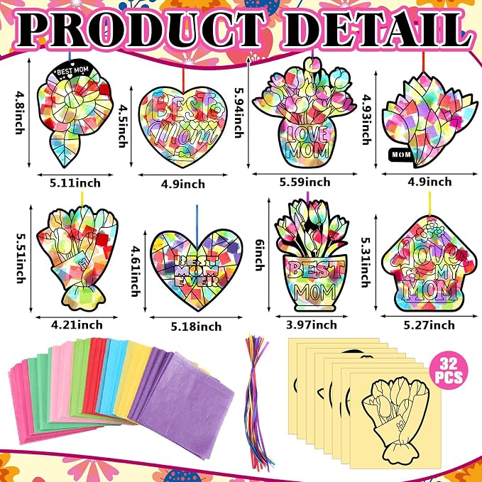 Eersida 32 Pcs Mothers Day Suncatchers Paper Craft Set DIY Flower Shaped - Image 3