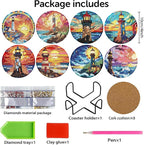 8 PCS Diamond Art Coasters Kits Lighthouse Diamond Painting Coaster | Diamond - Image 2