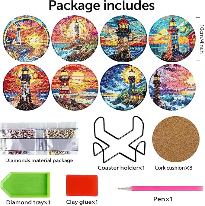 8 PCS Diamond Art Coasters Kits Lighthouse Diamond Painting Coaster | Diamond - Image 2