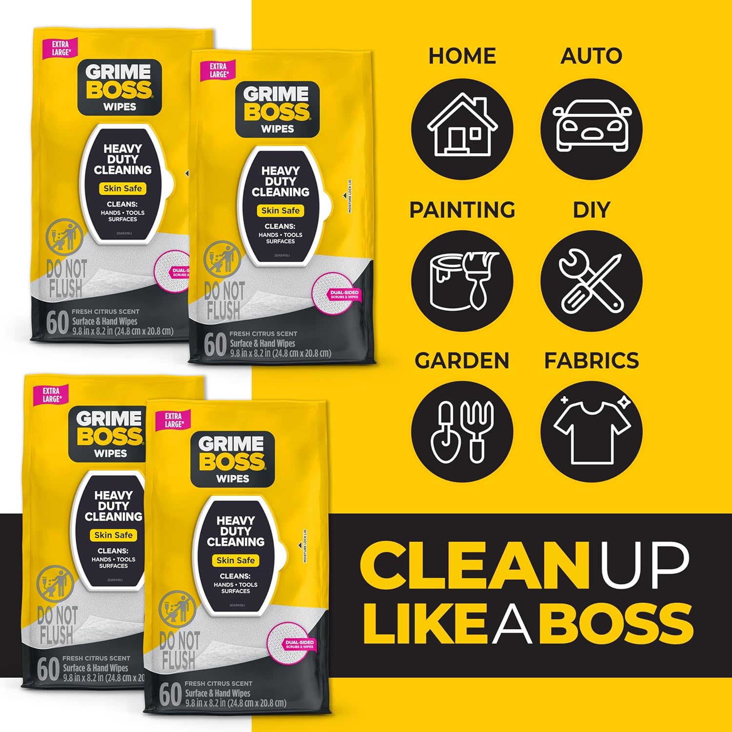 Grime Boss Heavy Duty Surface and Hand Wipes (4x60ct) | Wet Wipes Remove Paint, Oil, Grease, Adhesives, Mud, Dirt | Shop Wipes Replace Cleaners like Rags, Towels, Pumice, Soap