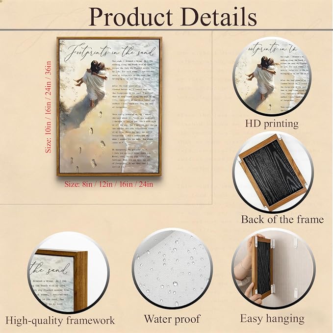 VXGMYPGZ Framed Footprints in the Sand Canvas Wall Art, Inspirational Christian - Image 3