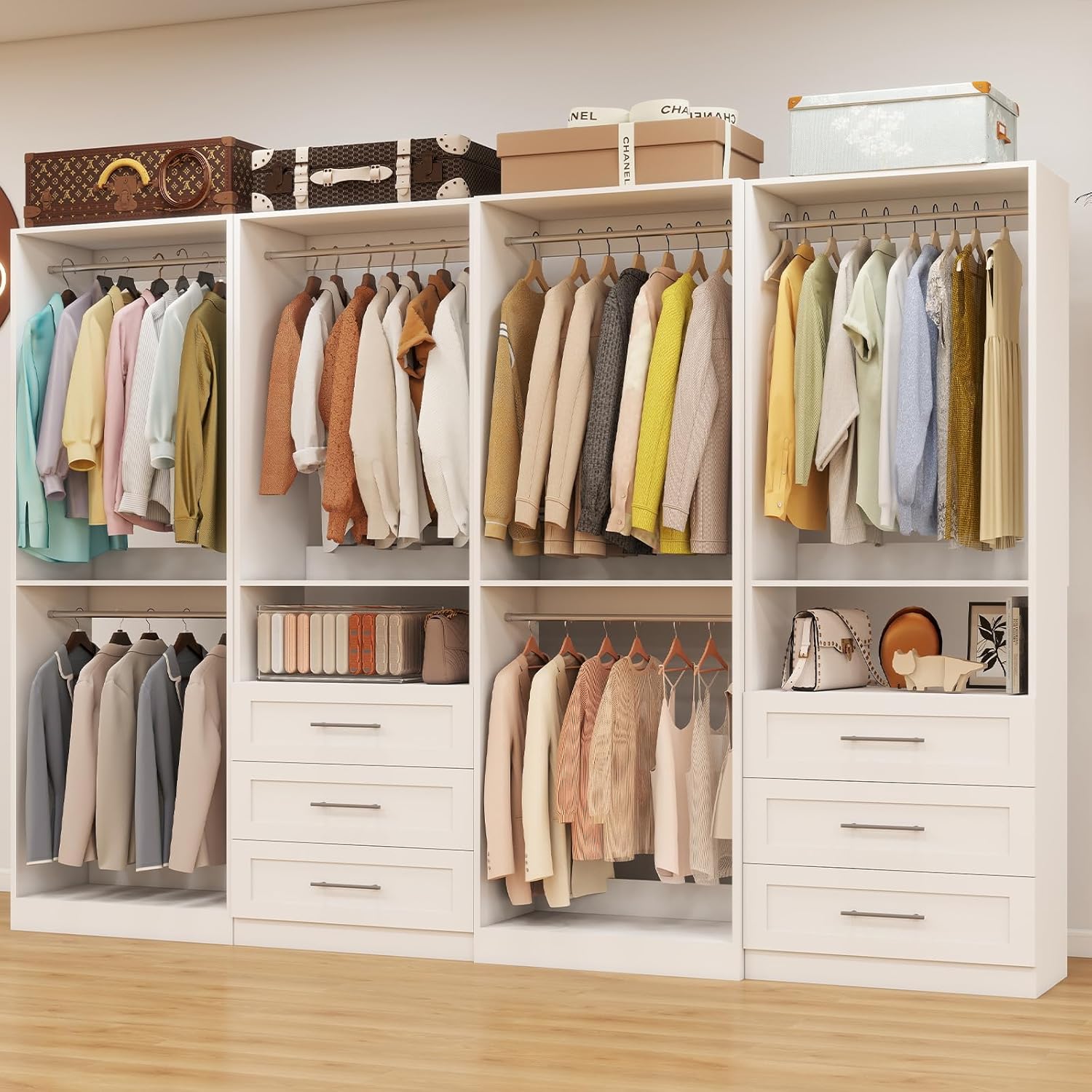 Closet System with 4 Sets, 8FT Closet Organizer Systems with 6 Wooden Drawers & 10 Hanging Rods, Walk in Closet Standalone Corner Closet System Modular Closet System Set White (8FT)