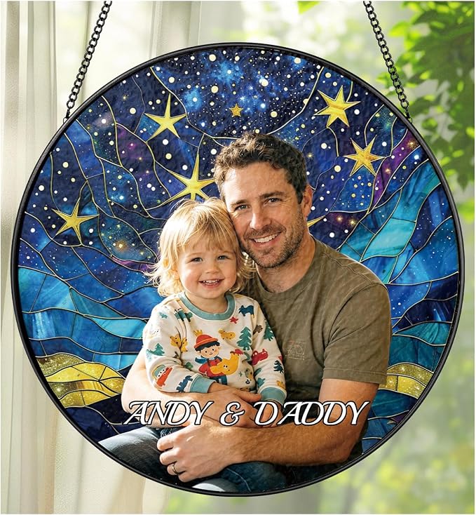 Personalized Dad Photo Stained Glass Suncatcher, Stained Glass Window Hanging by UNIGIFTIME