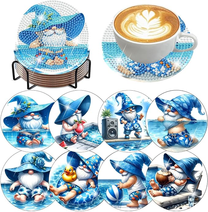 8 Pack Gnome Diamond Art Coasters Kits by Zythron
