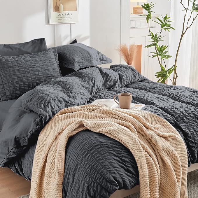 HYMOKEGE Dark Grey Duvet Cover Full Size, Ultra Soft 3-Piece Seersucker Duvet - Image 7