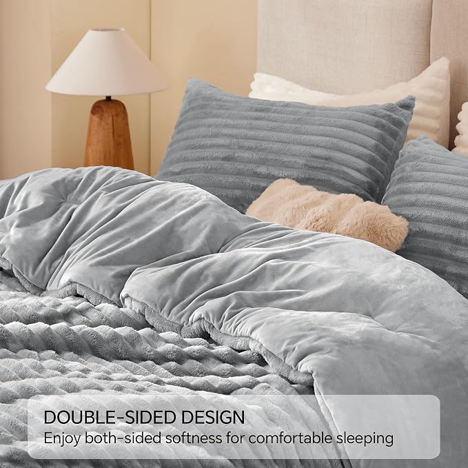 BEDELITE Fleece Queen Comforter Set -Super Soft & Warm Fluffy Light Grey Bedding - Image 5