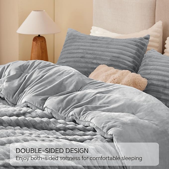 BEDELITE Fleece King Comforter Set -Super Soft & Warm Fluffy Light Grey Bedding - Image 5