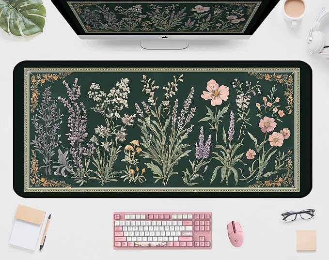 Deep Green Retro Desk Pad, Plant Flower Mouse Pad XXL, Large Gaming Mouse Mat by Unknown