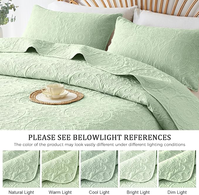 WURUIBO Light Green Quilt Set Twin Size, Embossing Microfiber Bedspreads - Image 6