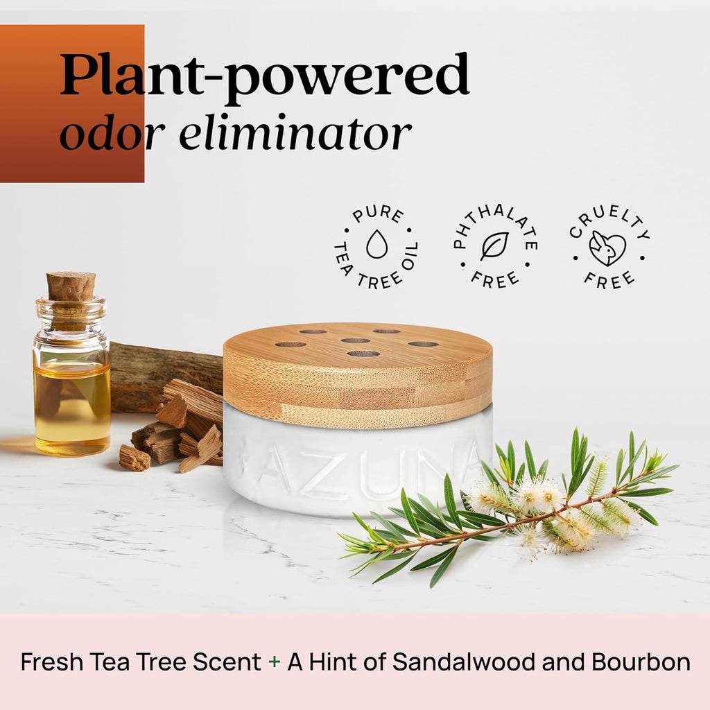 Azuna Air Freshener & Odor Eliminator for Strong Odor | 1 Room Kit Includes (1) Empty Luxe Glass Jar & 8oz Refill with Tea Tree Essential Oil Gel | Sandalwood | Last 60-90 Days