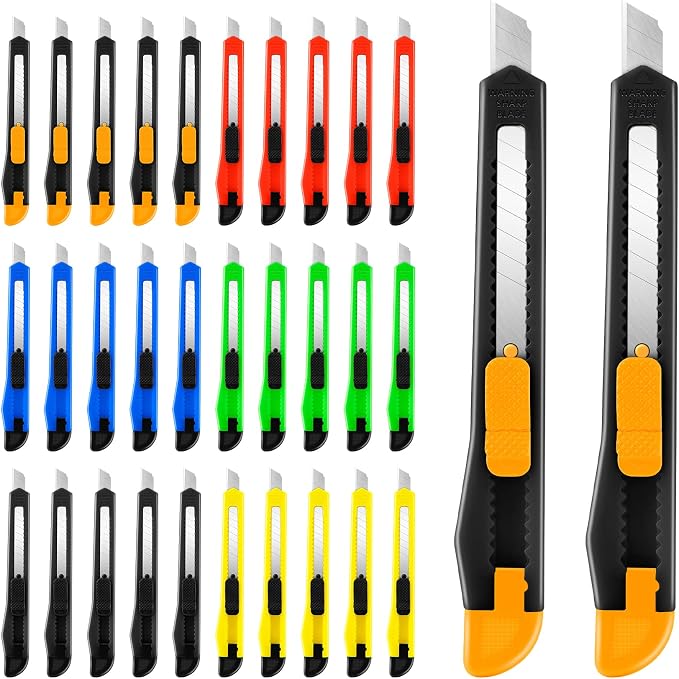 30 Pack Box Cutter Retractable, Snap-Off 9MM Utility Knife, Auto-Lock Razor by TIFICAL