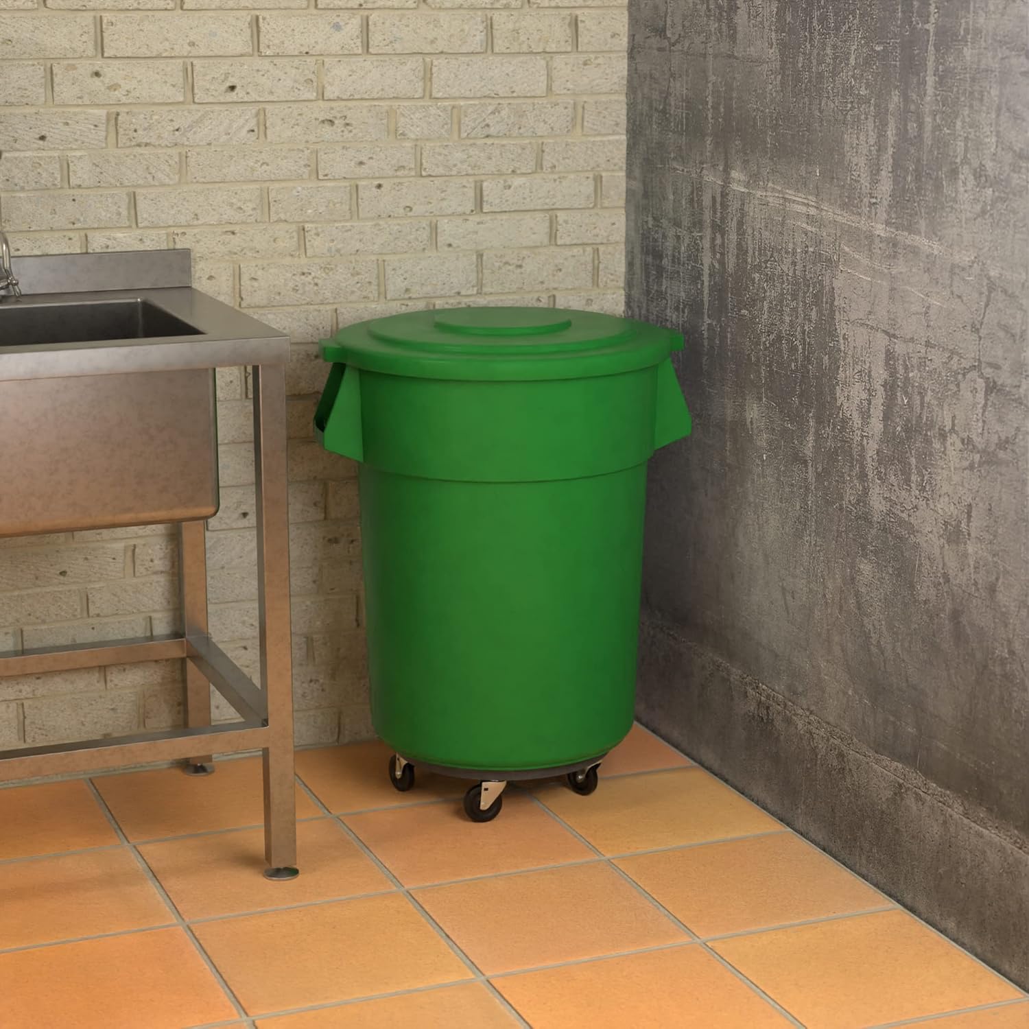 55 Gallon Green Round Commercial Trash Can with Lid and Dolly