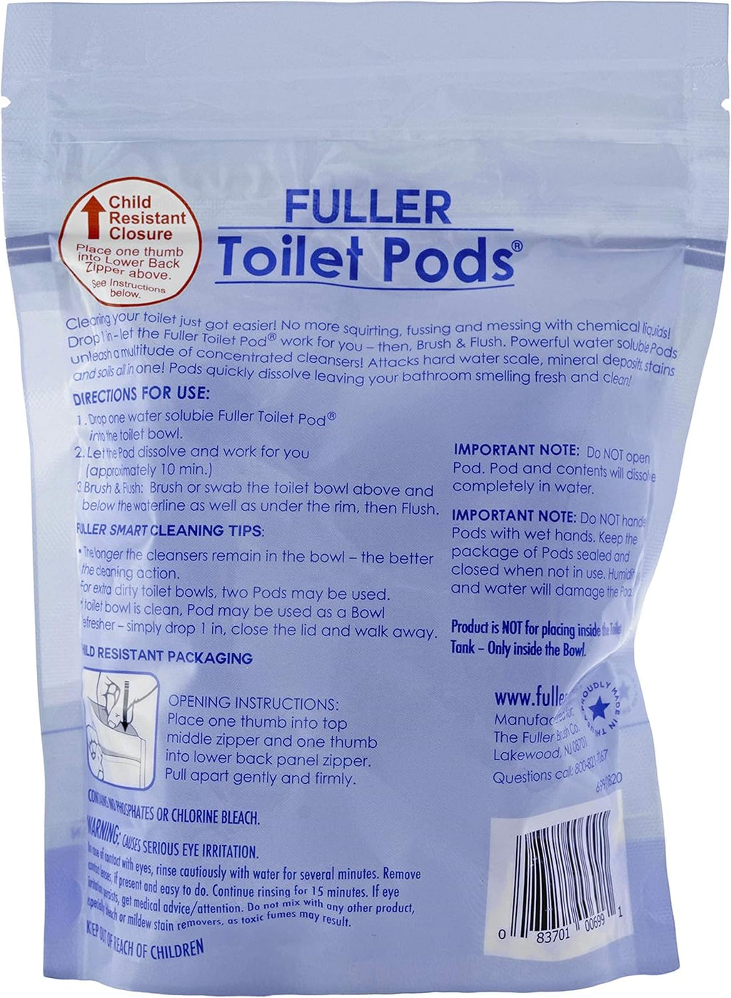 Fuller Brush Toilet Bowl Cleaner Pods - Water Soluble Tablet Cleansers - Cleans Descales & Refreshes Bathroom Toilets Removes Odors & Stains Light Fresh Scent Ideal for Homes and Businesses 6-Pack