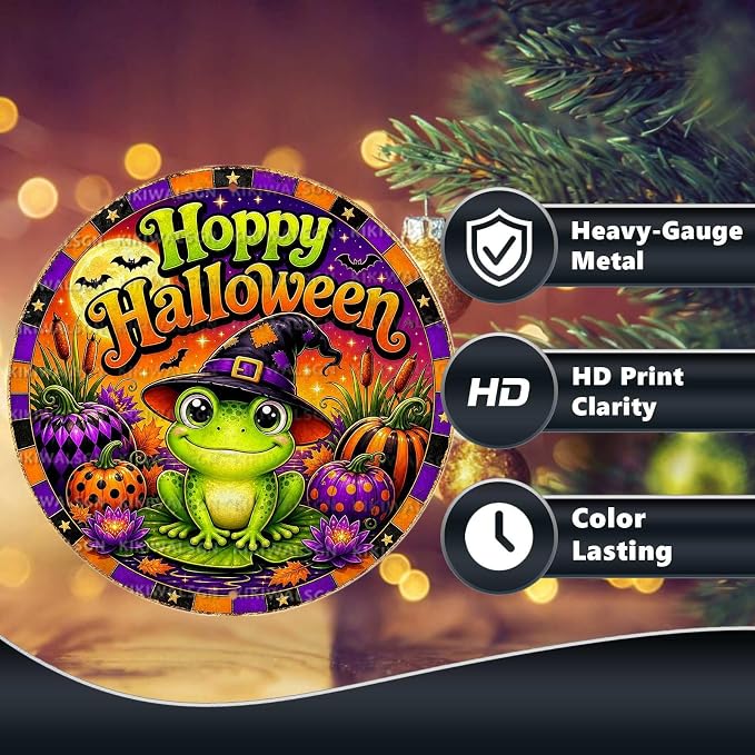 Cute Frog Witch Halloween Metal Tin Sign Round Wall Decor Pumpkin Lotus Moon - Image 4